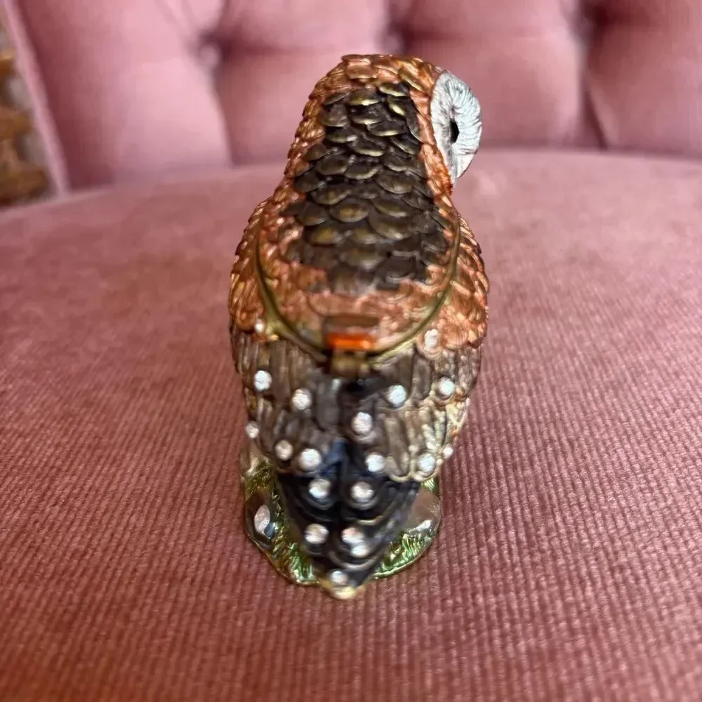 Owl Trinket Box Jeweled Hinged Miniature Figurine Brown Gold Enamel